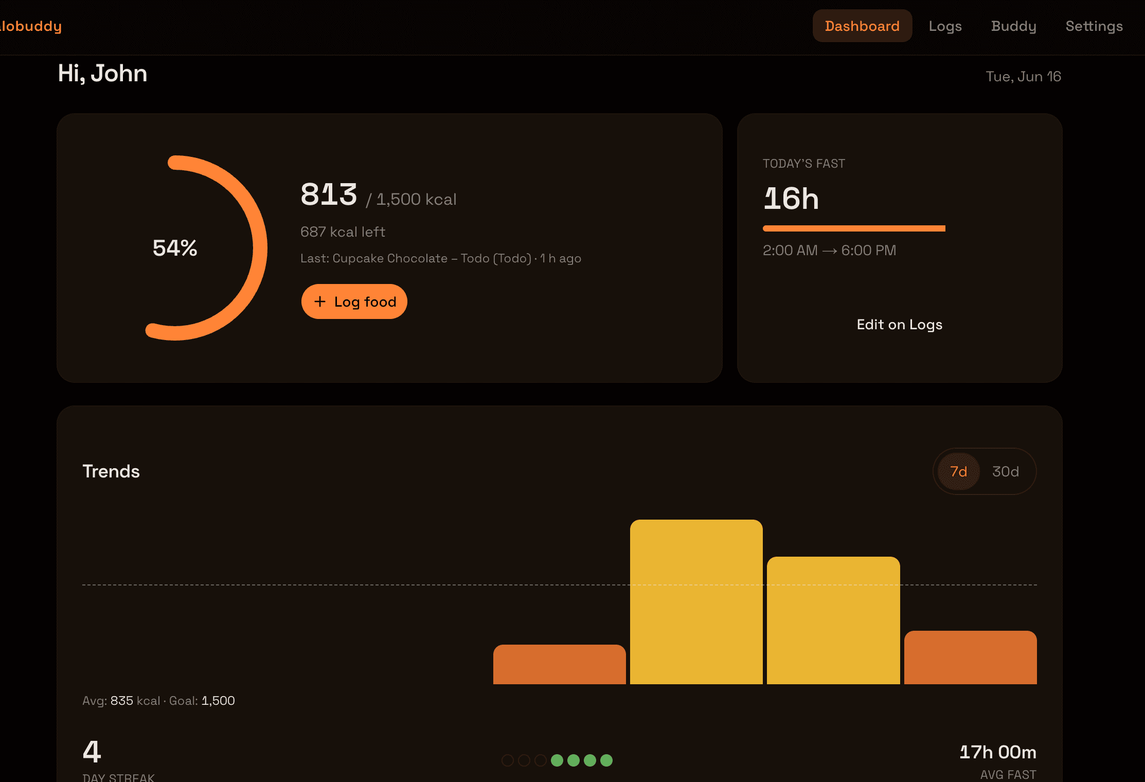 Calobuddy dashboard showing today's calorie ring and fast status